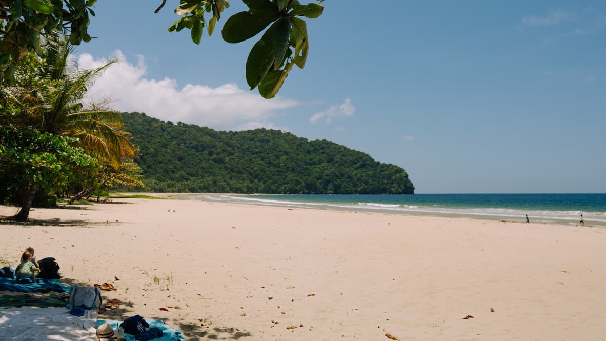 A wide sandy beach beneath forested hills